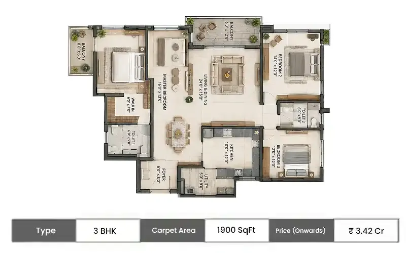 Arvind ITPL Whitefield 3 BHK floor plan, 1900 sq ft saleable area