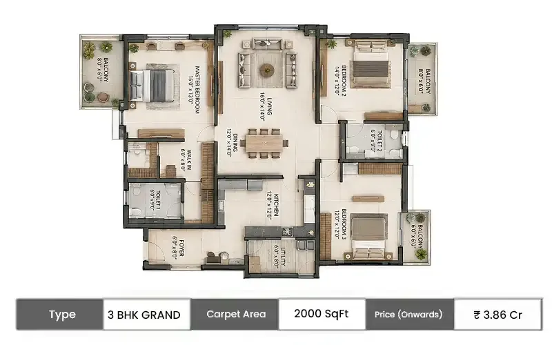 Arvind ITPL Whitefield 3 BHK Grand floor plan, 2000 sq ft saleable area